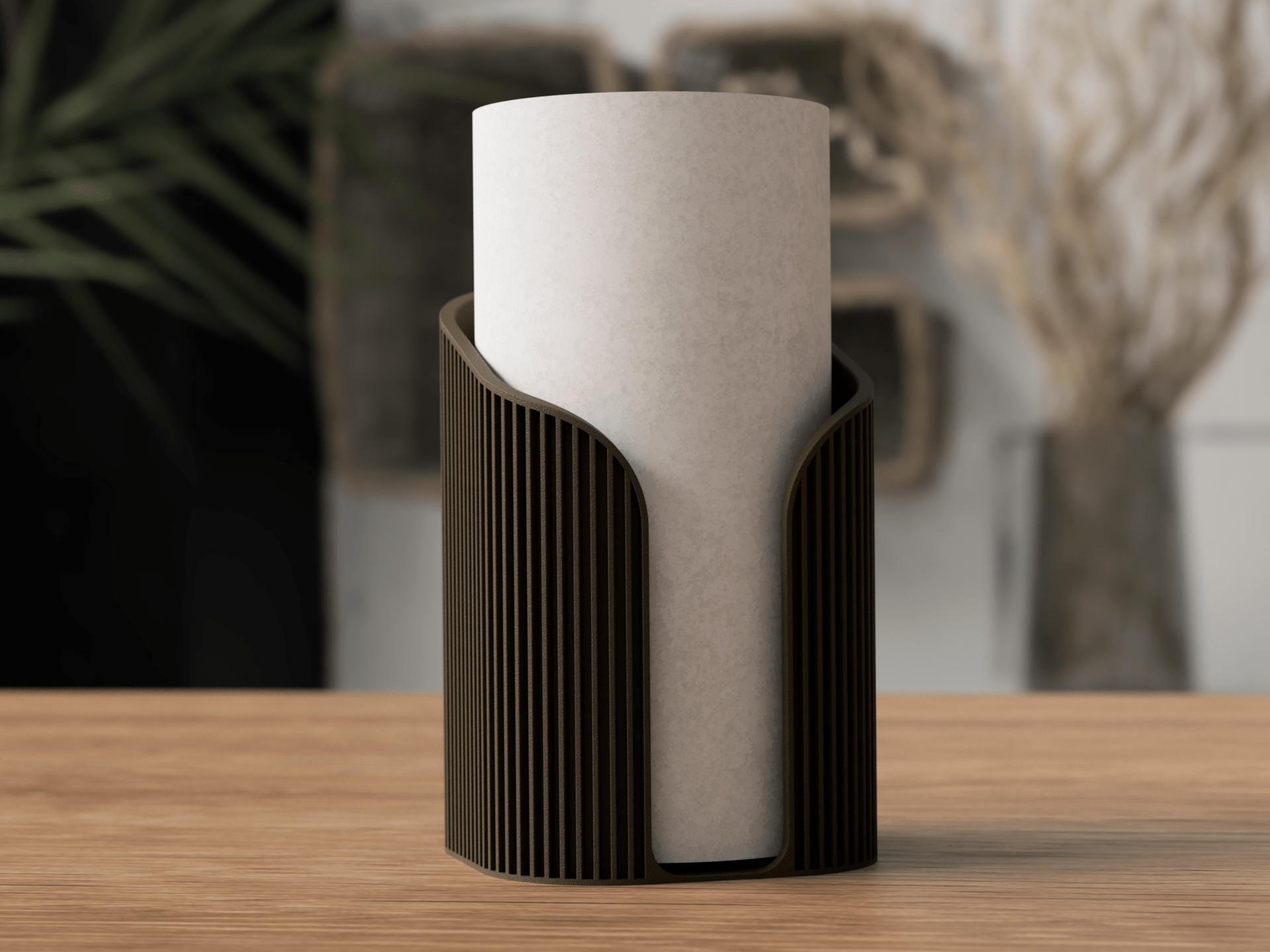 Ribbet køkkenrulleholder i mørk Japandi design – minimalistisk køkkentilbehør i skandinavisk stil