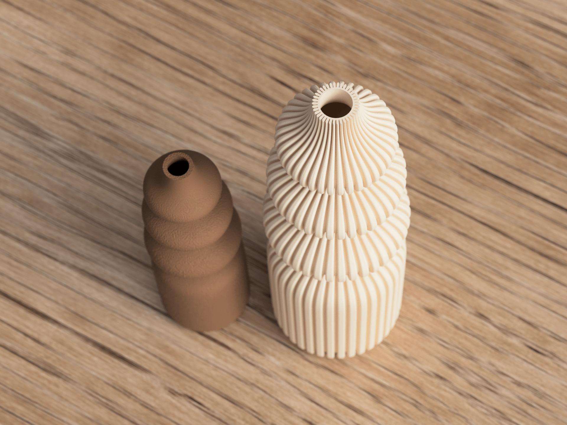 Bubble vase i lille fuzzy skin og stor ribbet version set skråt – organisk bobleform i nordisk PLA design