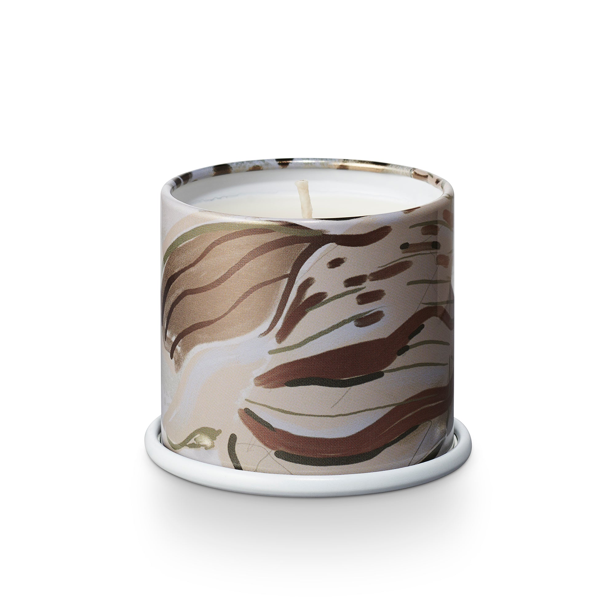 Sidevisning af Driftwood duftlys tin med marmoreret mønster i hvide og beige toner