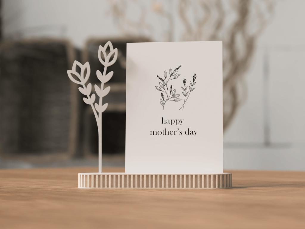 Foto/kortholder til mors dag med 'happy mother's day' kort og lavendeldetalje