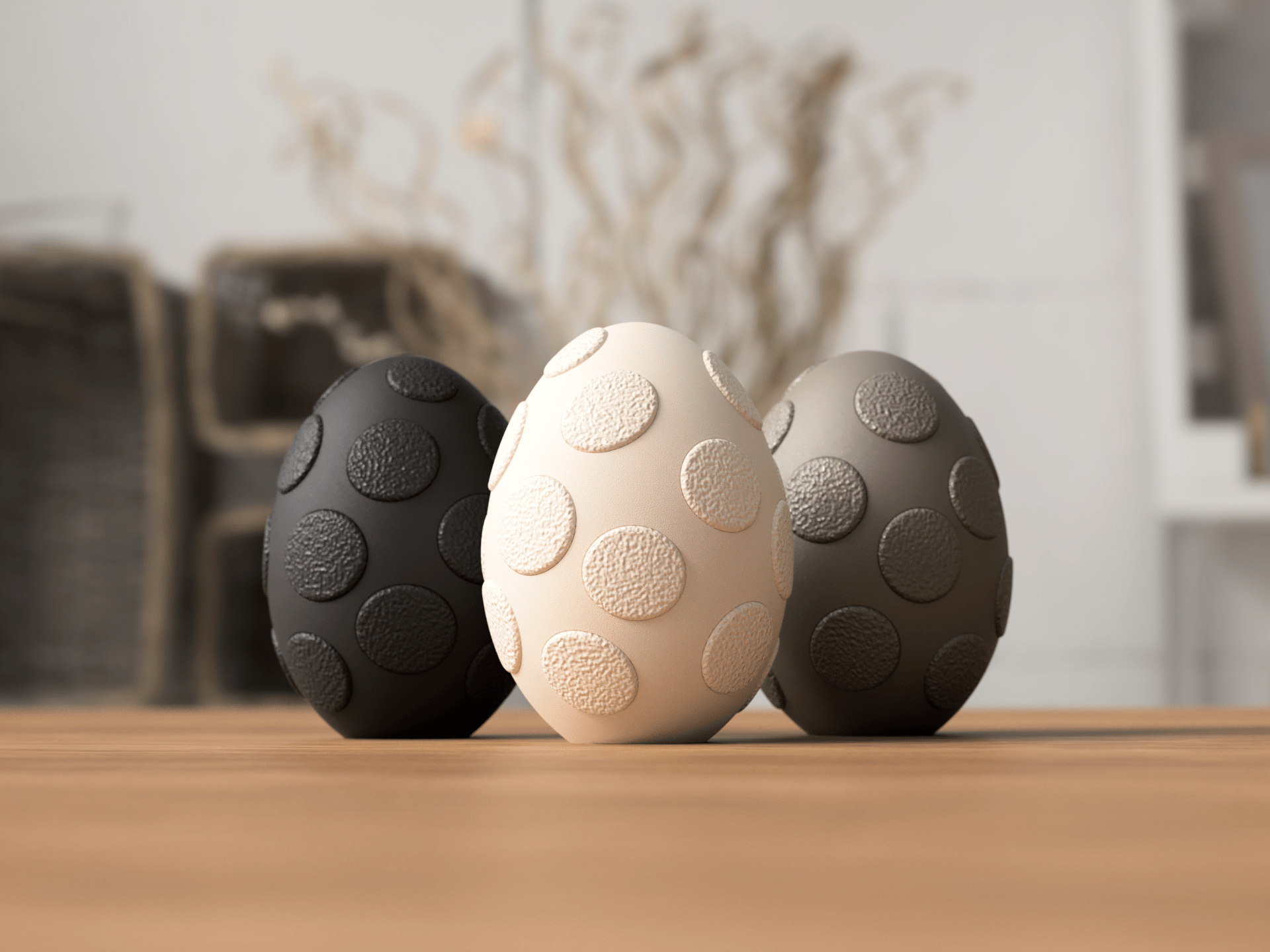 Nærbillede af beige fuzzy påskeæg med prikket mønster og organisk tekstur