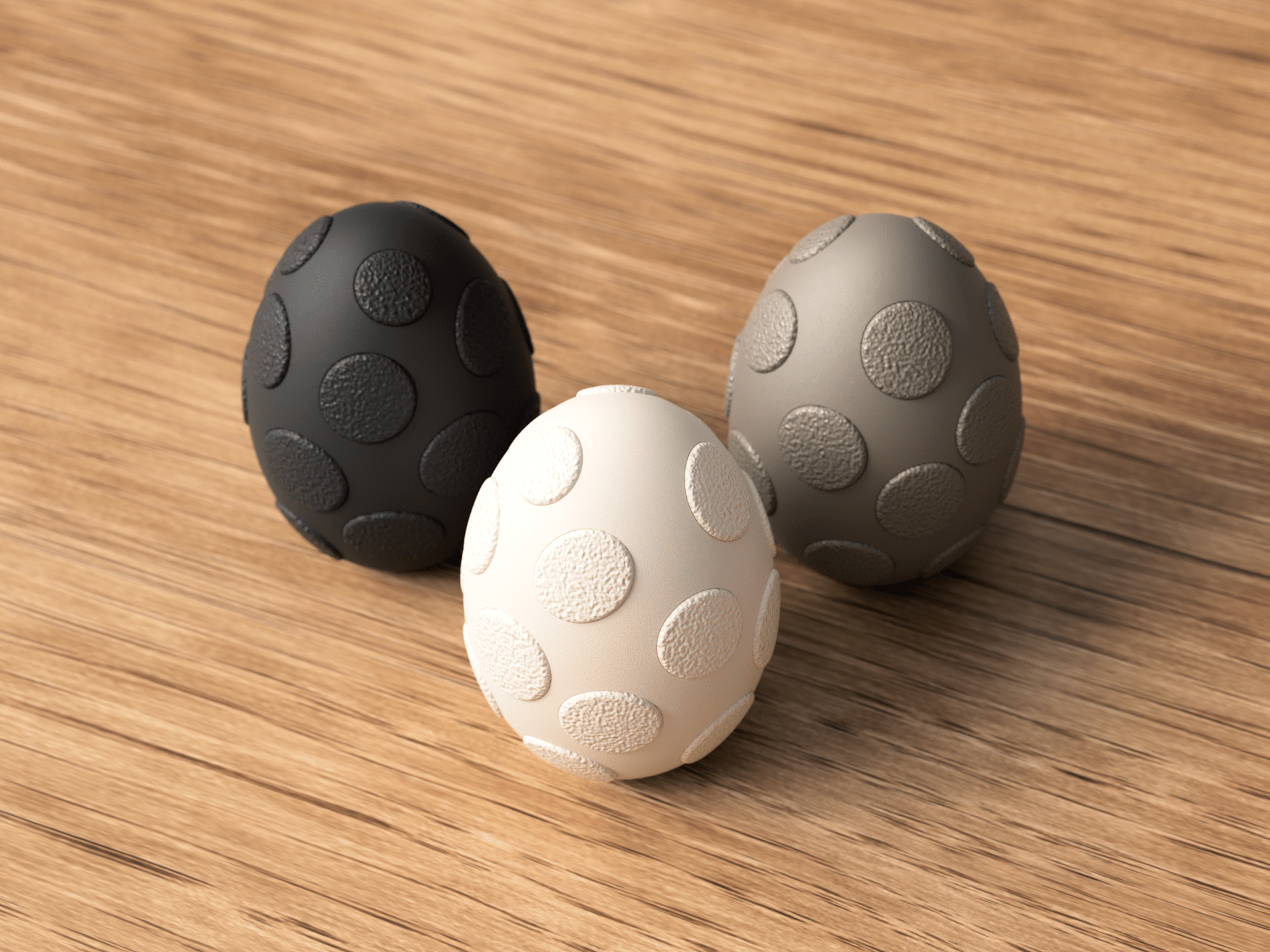 etaljebillede af grå fuzzy påskeæg med prikket mønster og blød finish