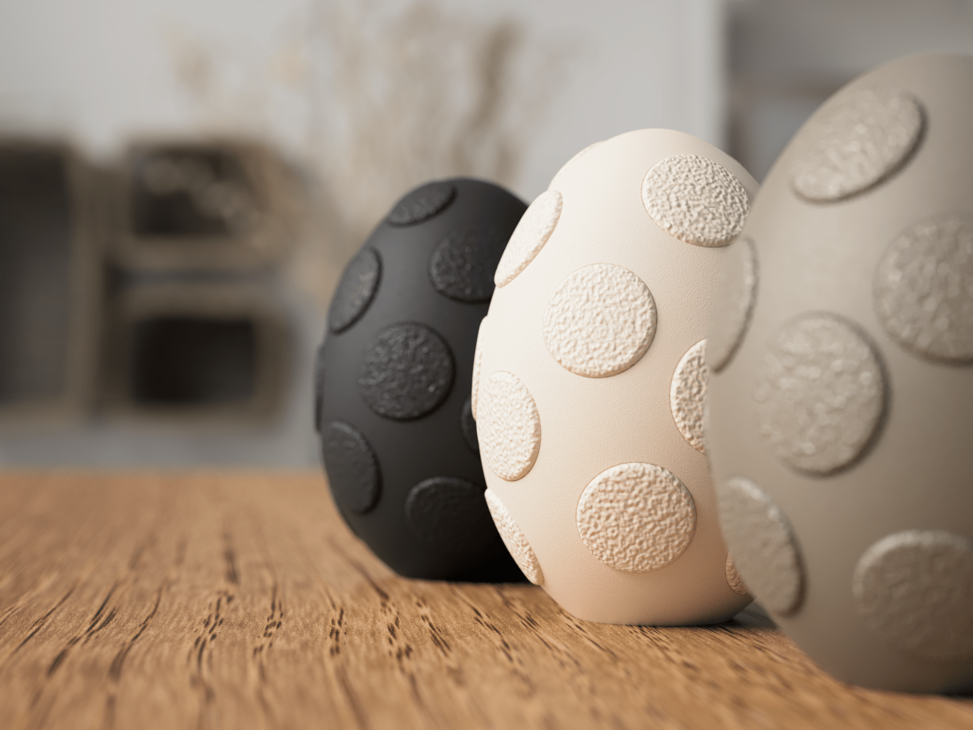 Tre fuzzy påskeæg i sort, beige og grå - bæredygtig påskepynt i PLA materiale