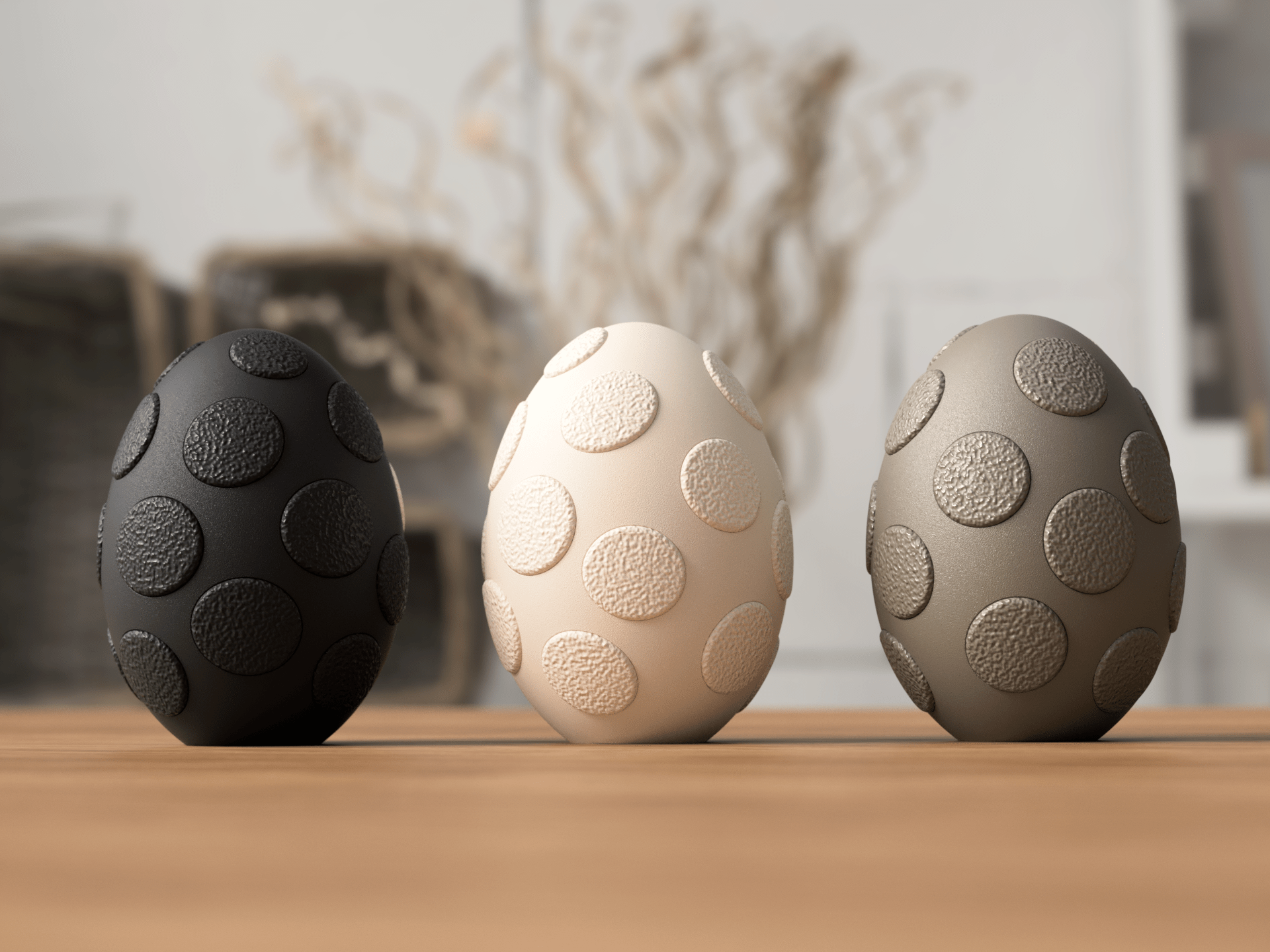 Tre fuzzy påskeæg i sort, beige og grå - bæredygtig påskepynt i PLA materiale