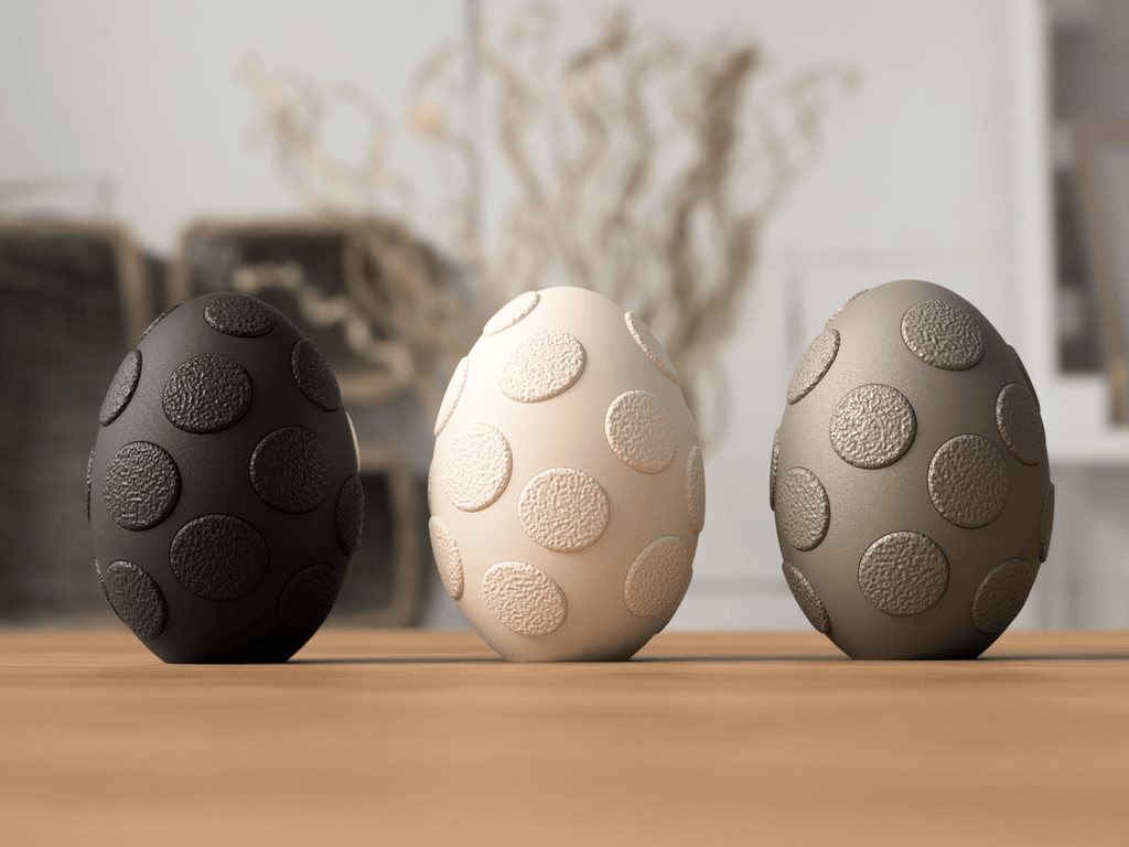 Tre fuzzy påskeæg i sort, beige og grå - bæredygtig påskepynt i PLA materiale