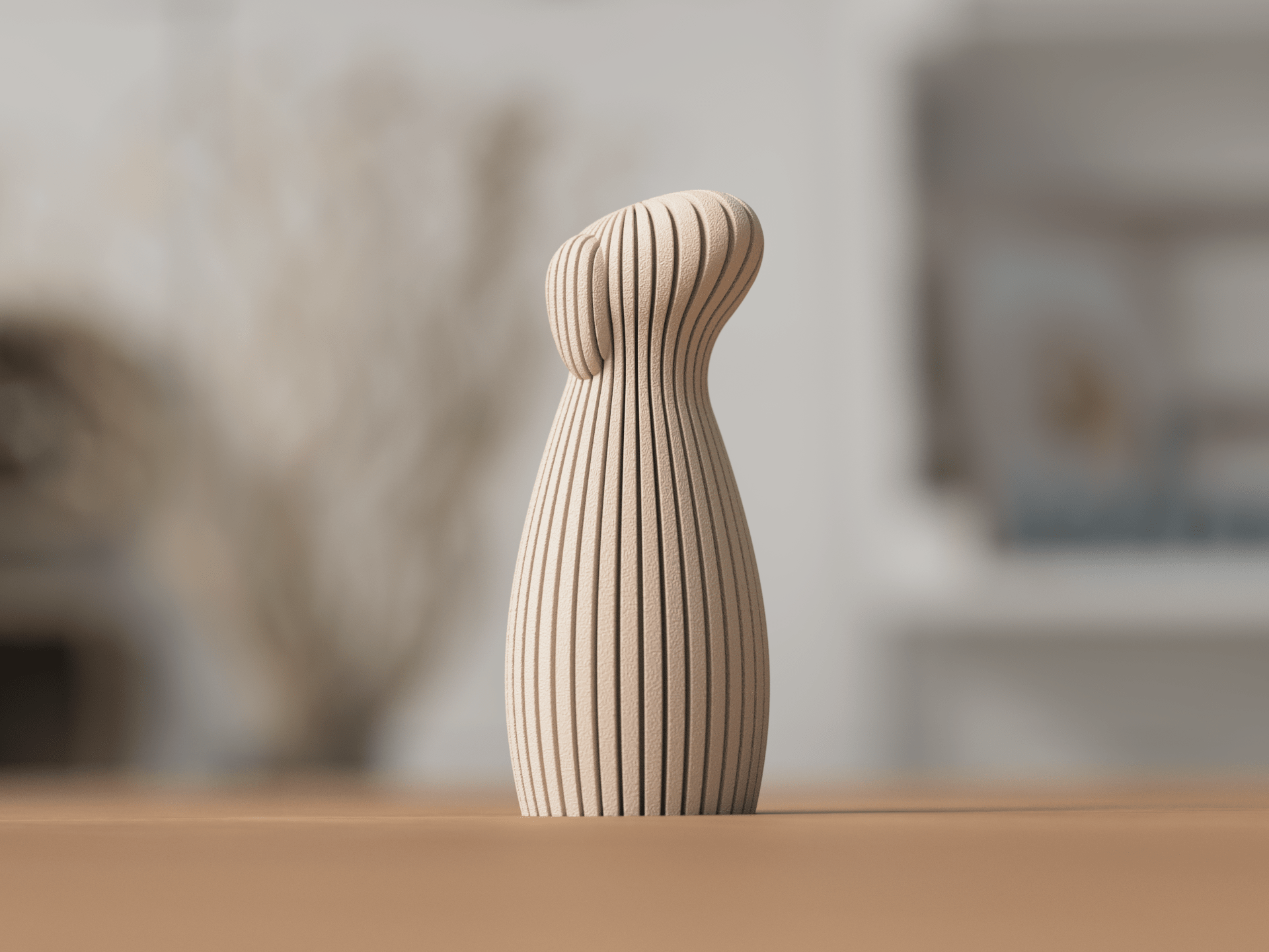 Hund skulptur med hængeører i beige PLA med lodrette ribber – dekorativ figur til nordisk boligindretning