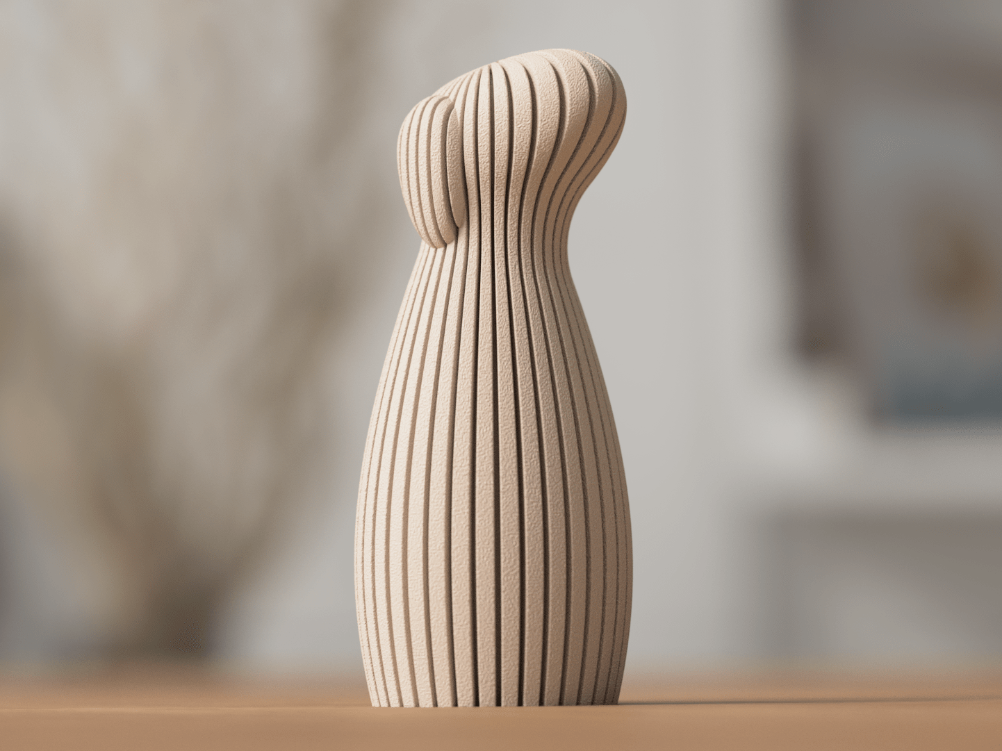 Nærbillede af hund skulptur med hængeører på egetræsoverflade – bæredygtig PLA skulptur