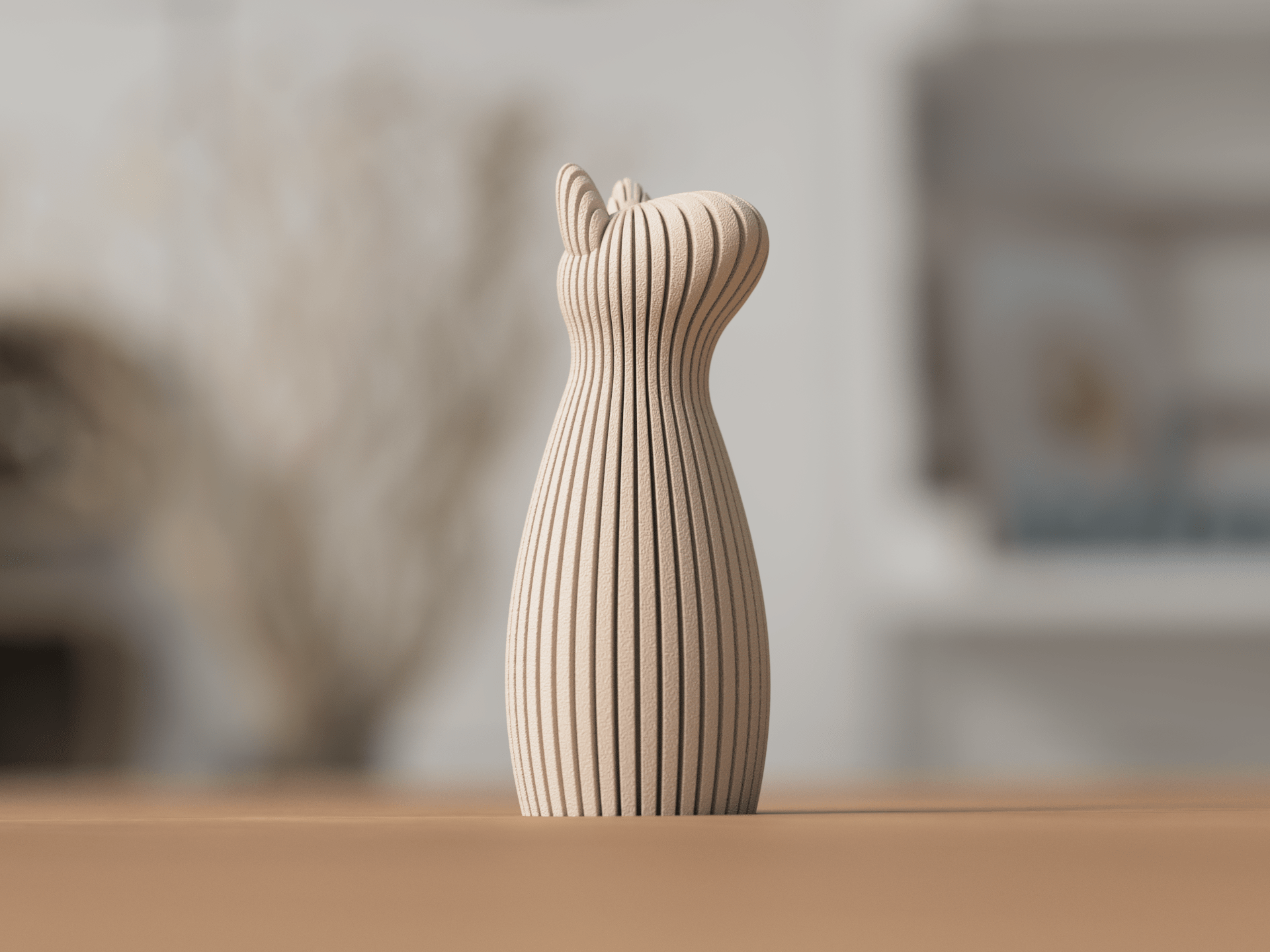 Hund skulptur med rejste ører i beige PLA med lodrette ribber – dekorativ figur til nordisk boligindretning