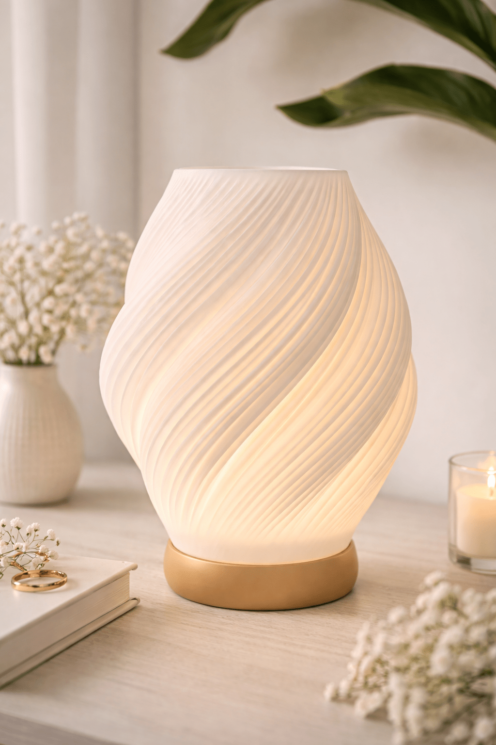 Ilutwist spiral bordlampe i hvid PLA og transparent PETG-skærm med blødt varmt lys – nordisk boligindretning