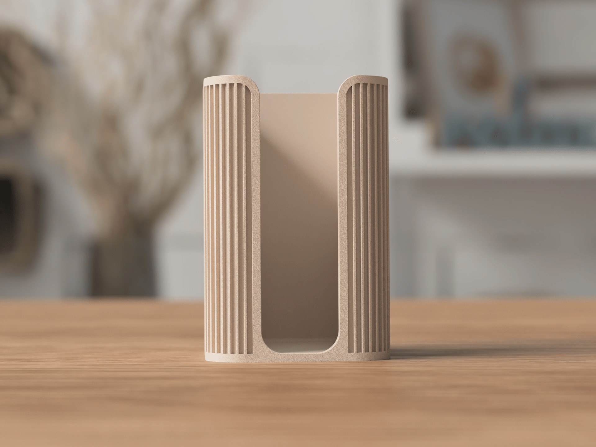 Sidevisning af minimalistisk bomuldspude holder, 103 mm høj og 68 mm bred