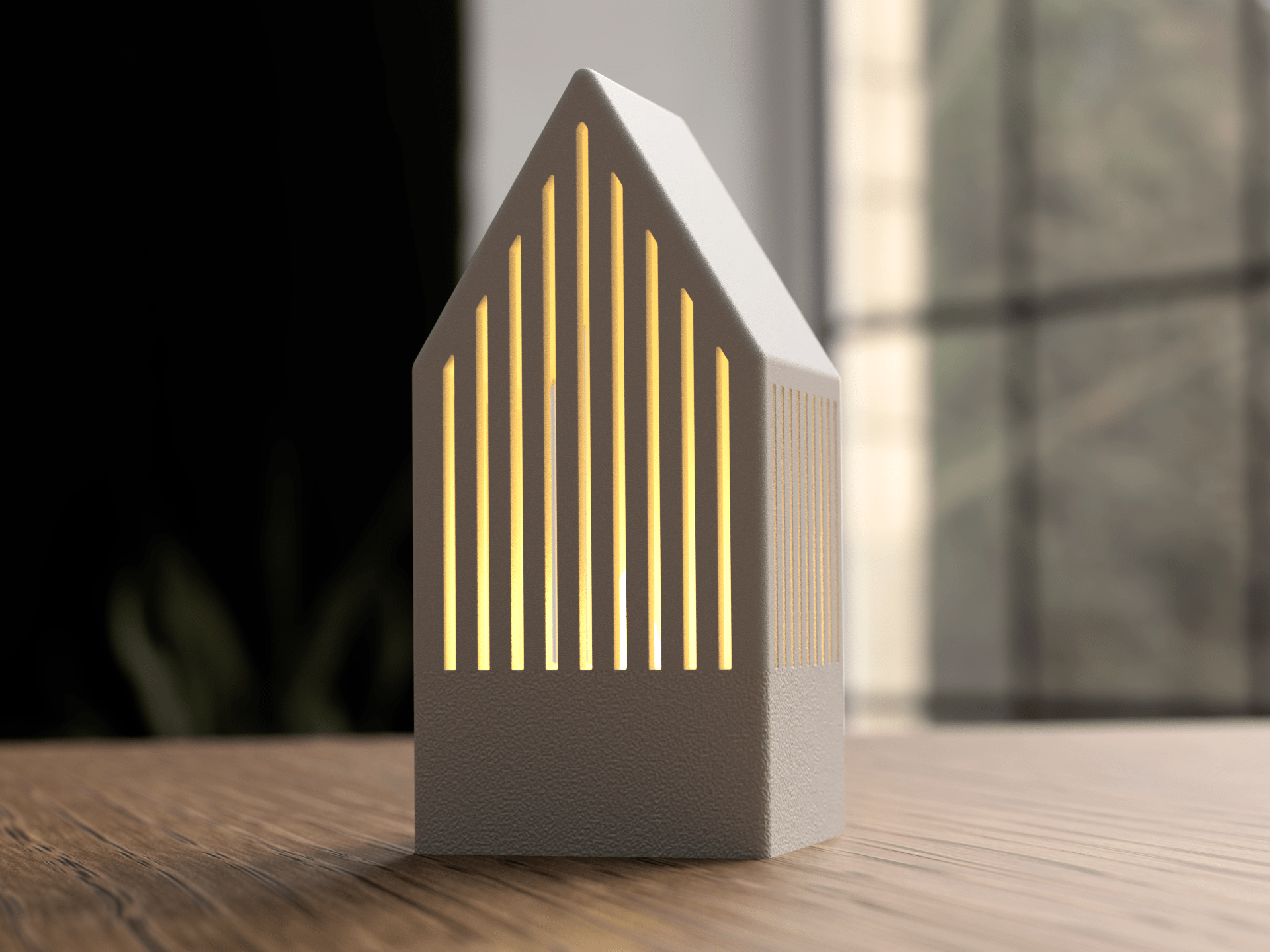 Japandi fyrfadshus med tændt LED lys - smukt lysspil gennem vertikale udskæringer