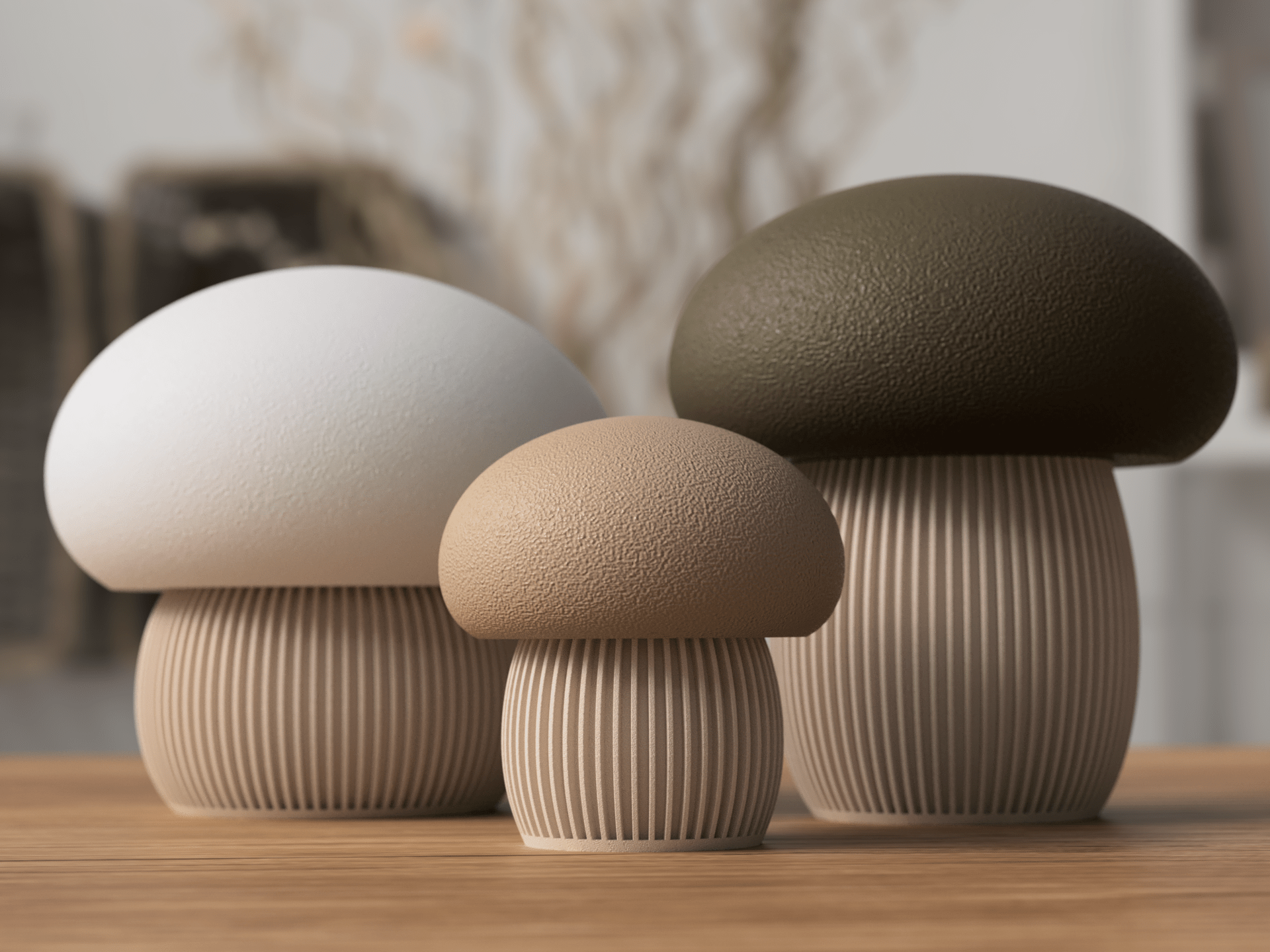 Tre japandi svampebeholdere i hvid, beige og mørkegrøn på træoverflade – dekorativ beholder i nordisk design fra Homae