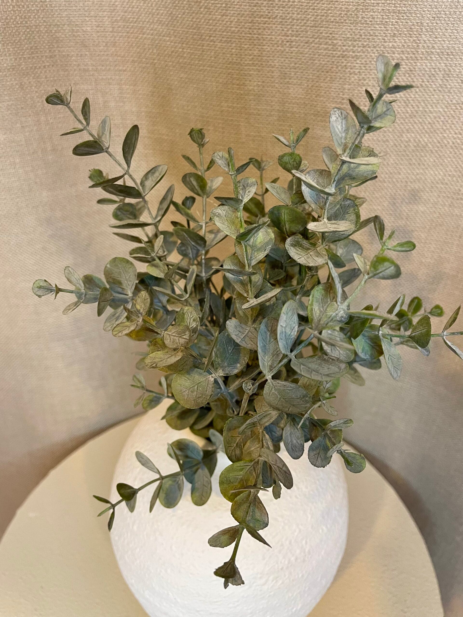 Kunstig eucalyptus buket i vase set oppefra