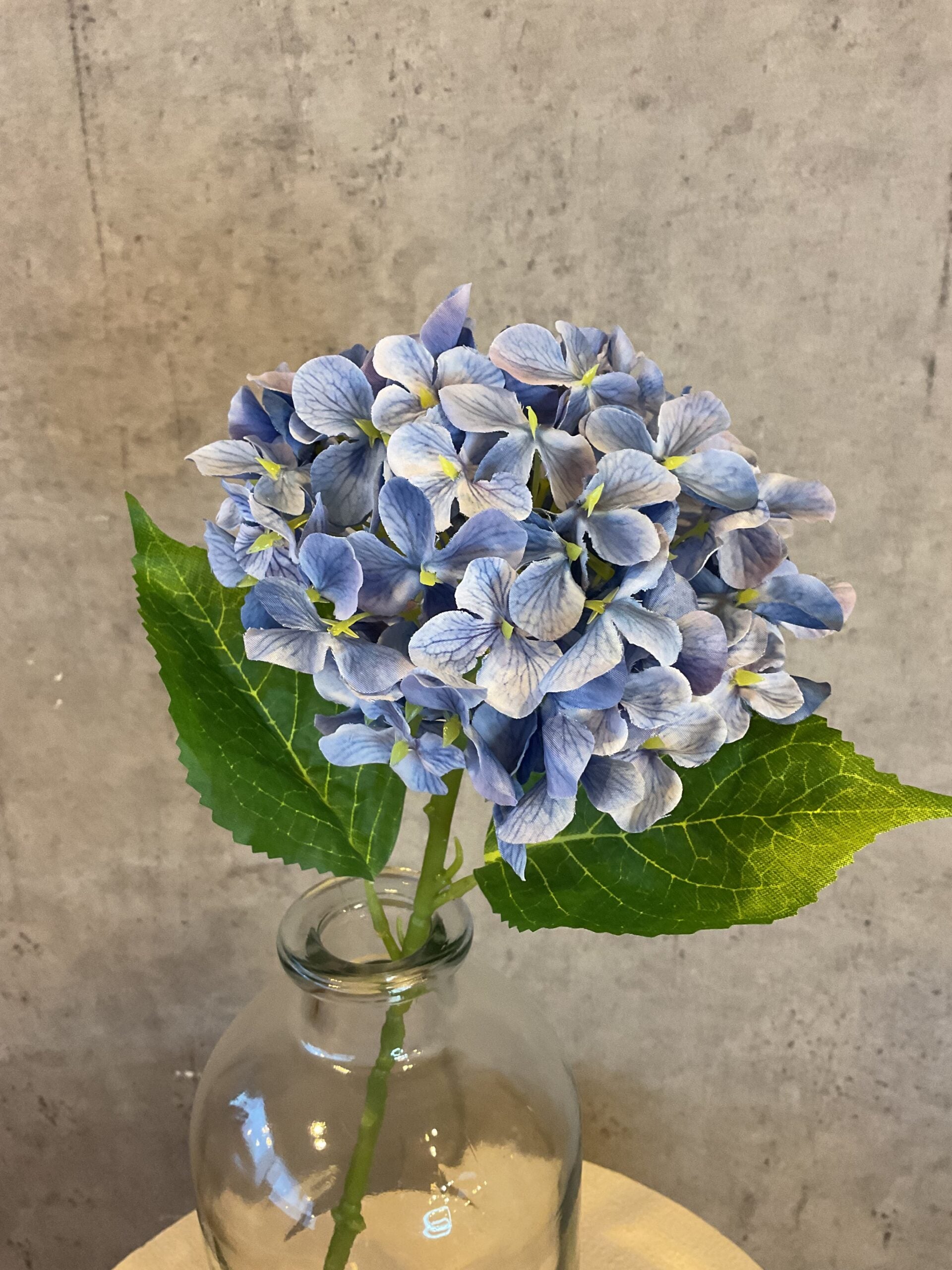 Kunstig blå hortensia stylet i glasvase