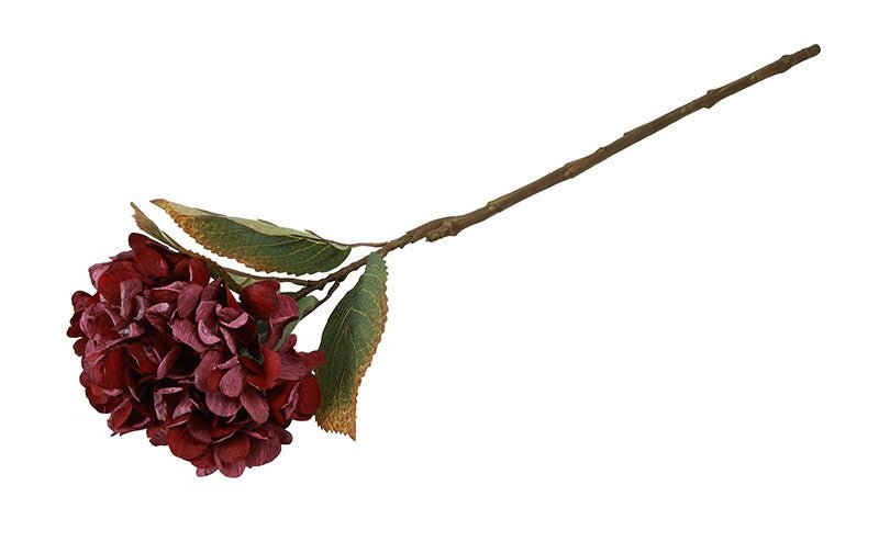 Kunstig bordeaux hortensia set fra siden med bøjelig stilk og grønne blade