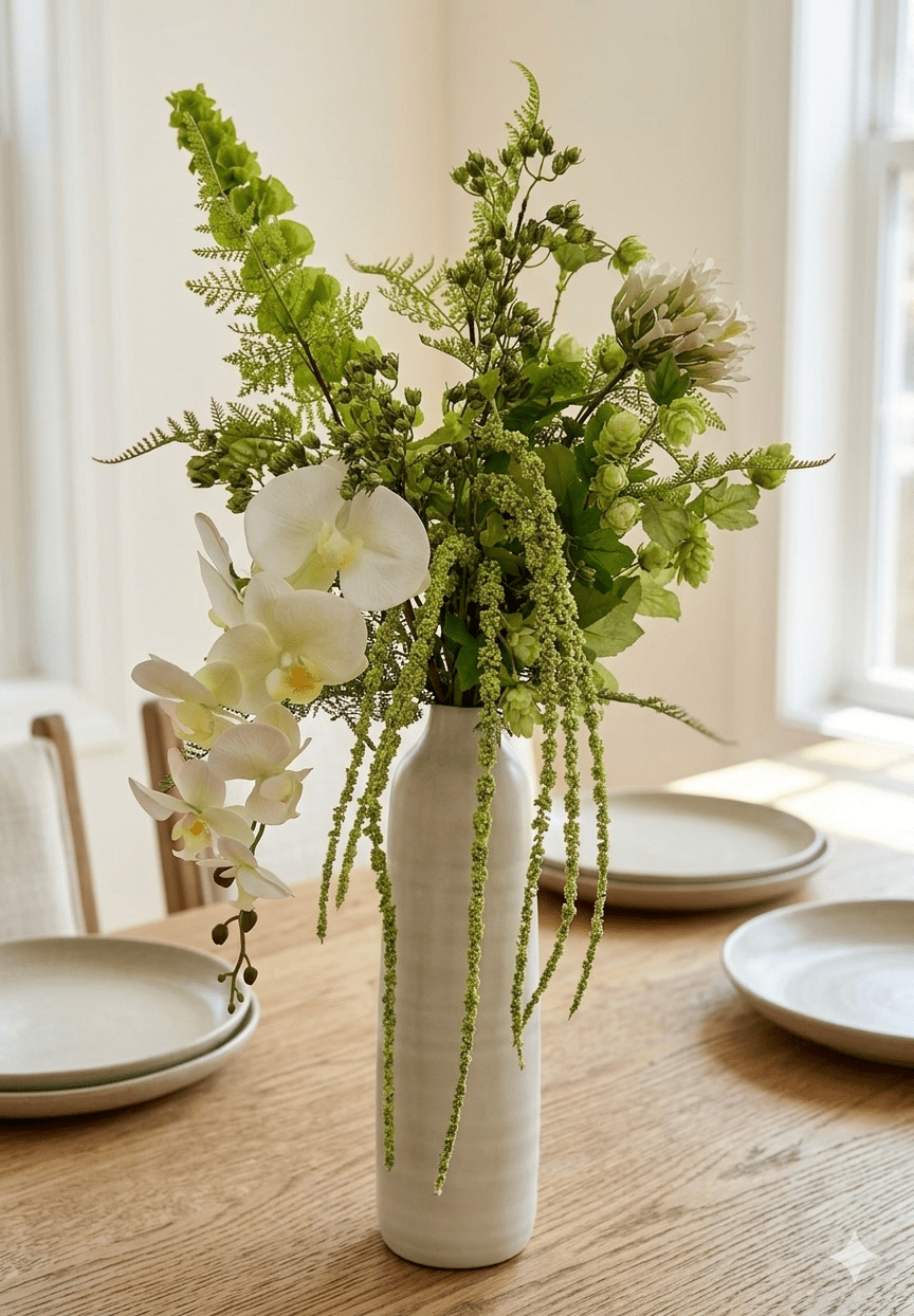 Kunstig grøn molucella stylet i vase med kunstige blomster og grene