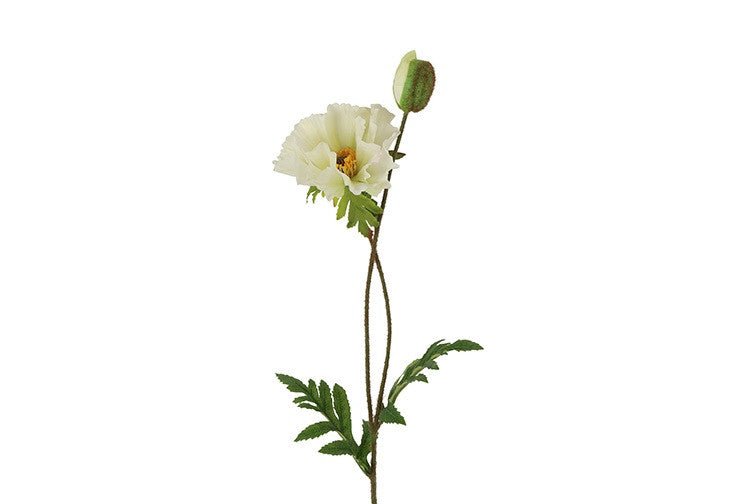 Kunstig hvid valmue på 64 cm med grønne blade og knop
