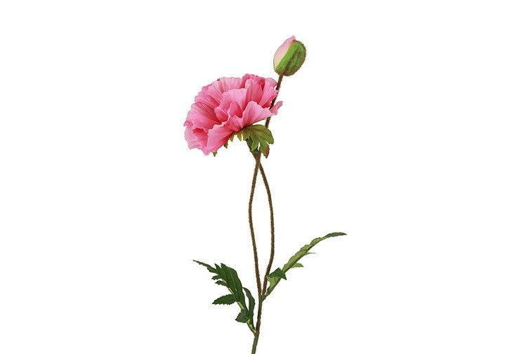 Kunstig pink valmue på 64 cm med grønne blade og knop