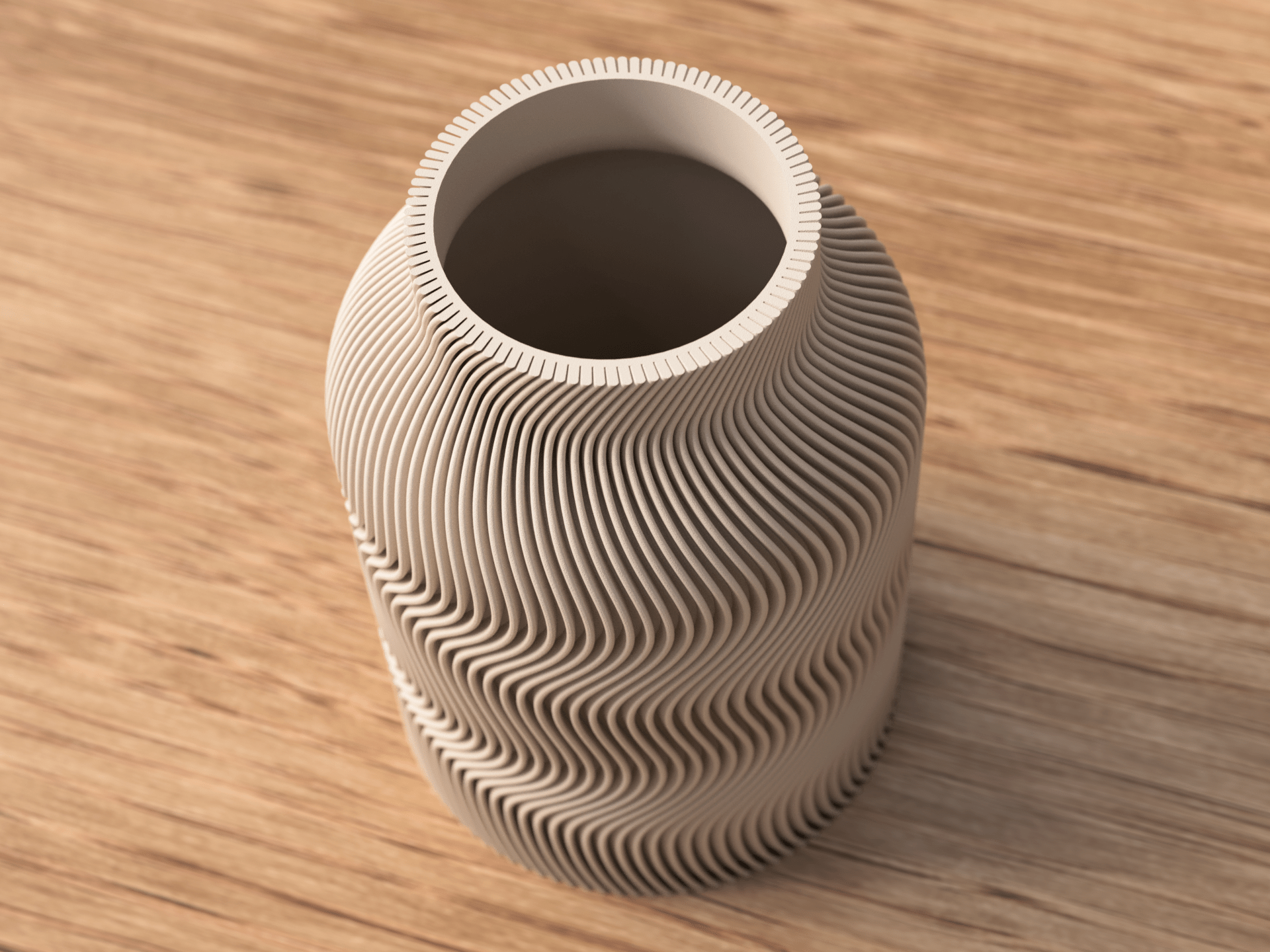 Luna japandi vase set skråt ovenfra – viser det flydende bølgede ribbemønster i beige PLA