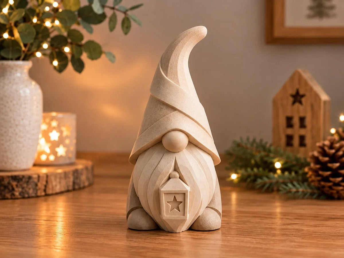 Lune nisse i latte brun med lygte på et træbord i julestemning – minimalistisk julepynt fra Homae