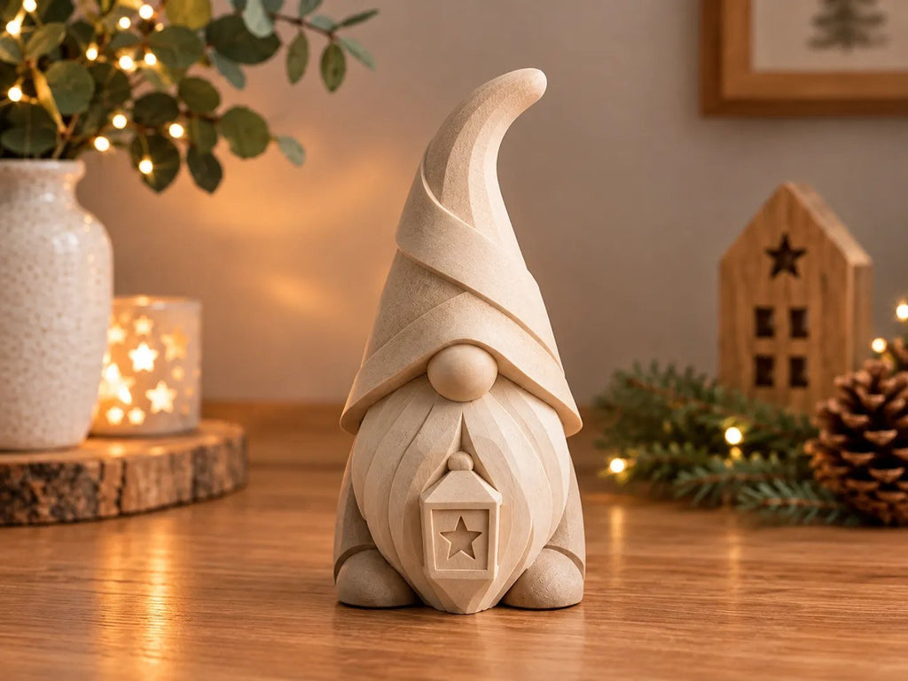 Lune nisse i latte brun med lygte på et træbord i julestemning – minimalistisk julepynt fra Homae