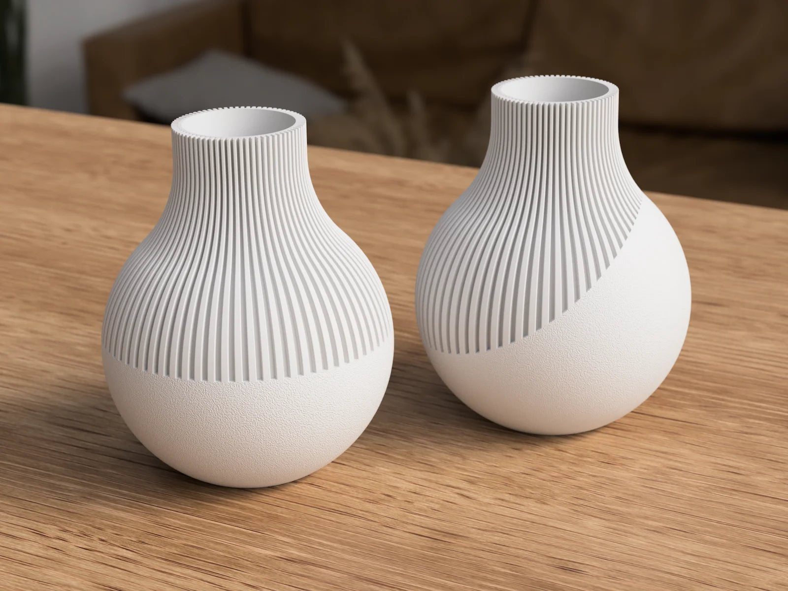 To Neki vaser i benhvid mat – minimalistiske 3D-printede vaser med struktureret overflade