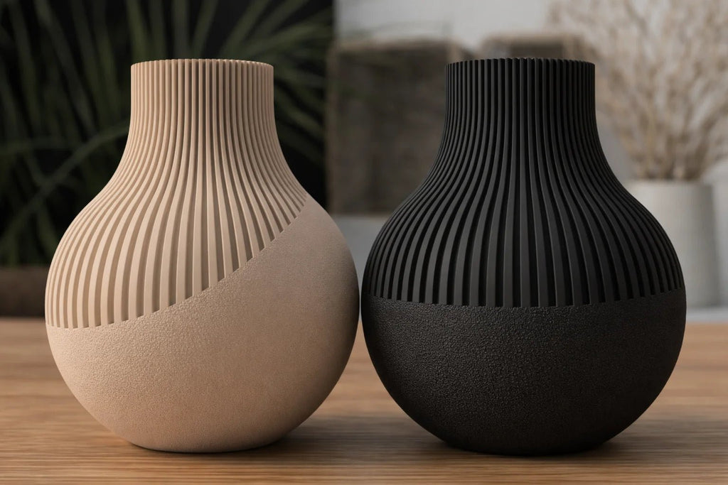 Neki vase i latte brun og mat sort placeret side om side