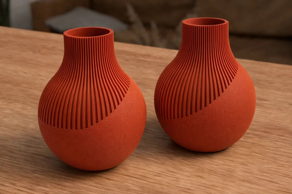 To Neki vaser i mørk rød mat – moderne 3D-printede designvaser i skandinavisk udtryk
