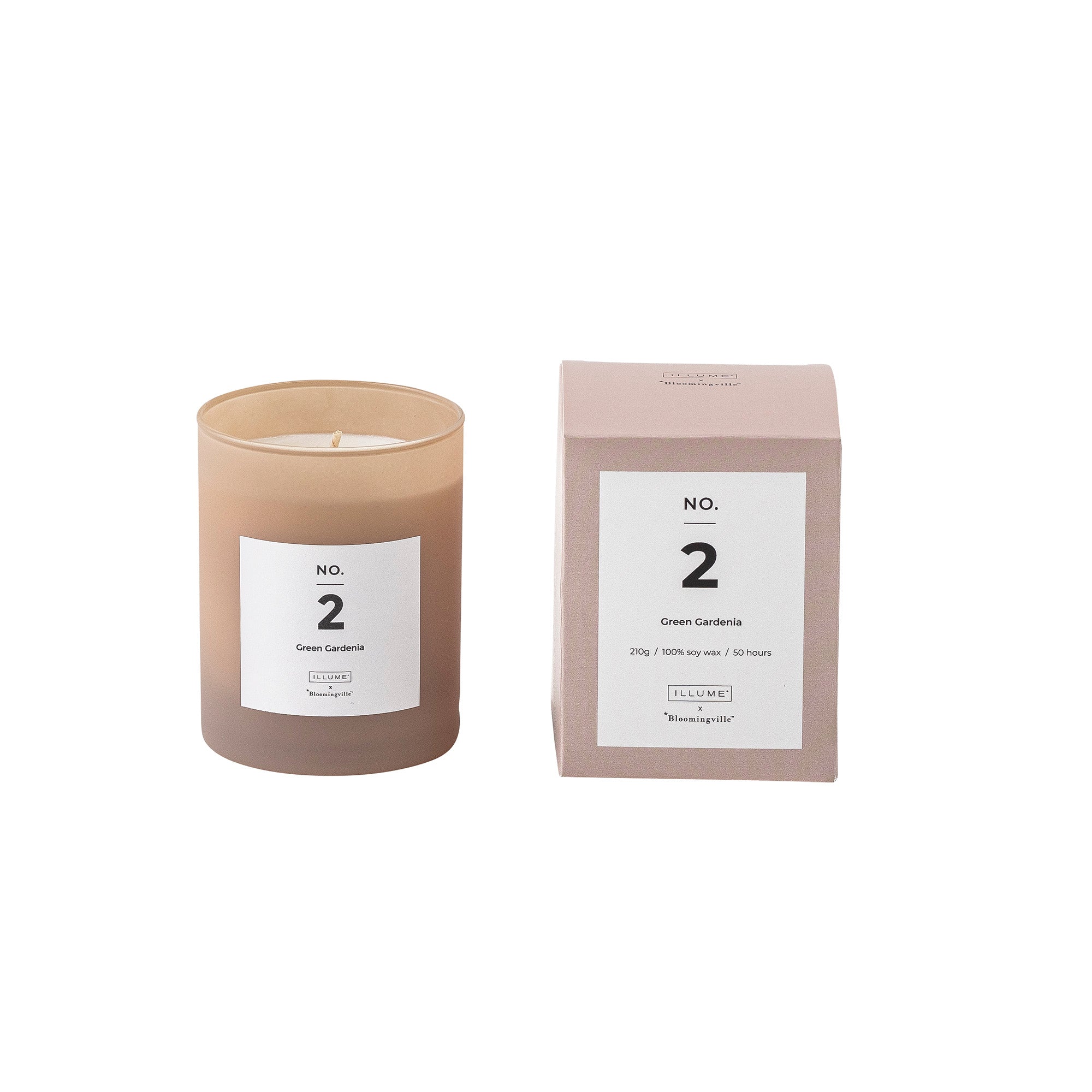 NO. 2 Green Gardenia duftlys i rosa glasbeholder med pink gaveæske – produktbillede fra ILLUME x Bloomingville