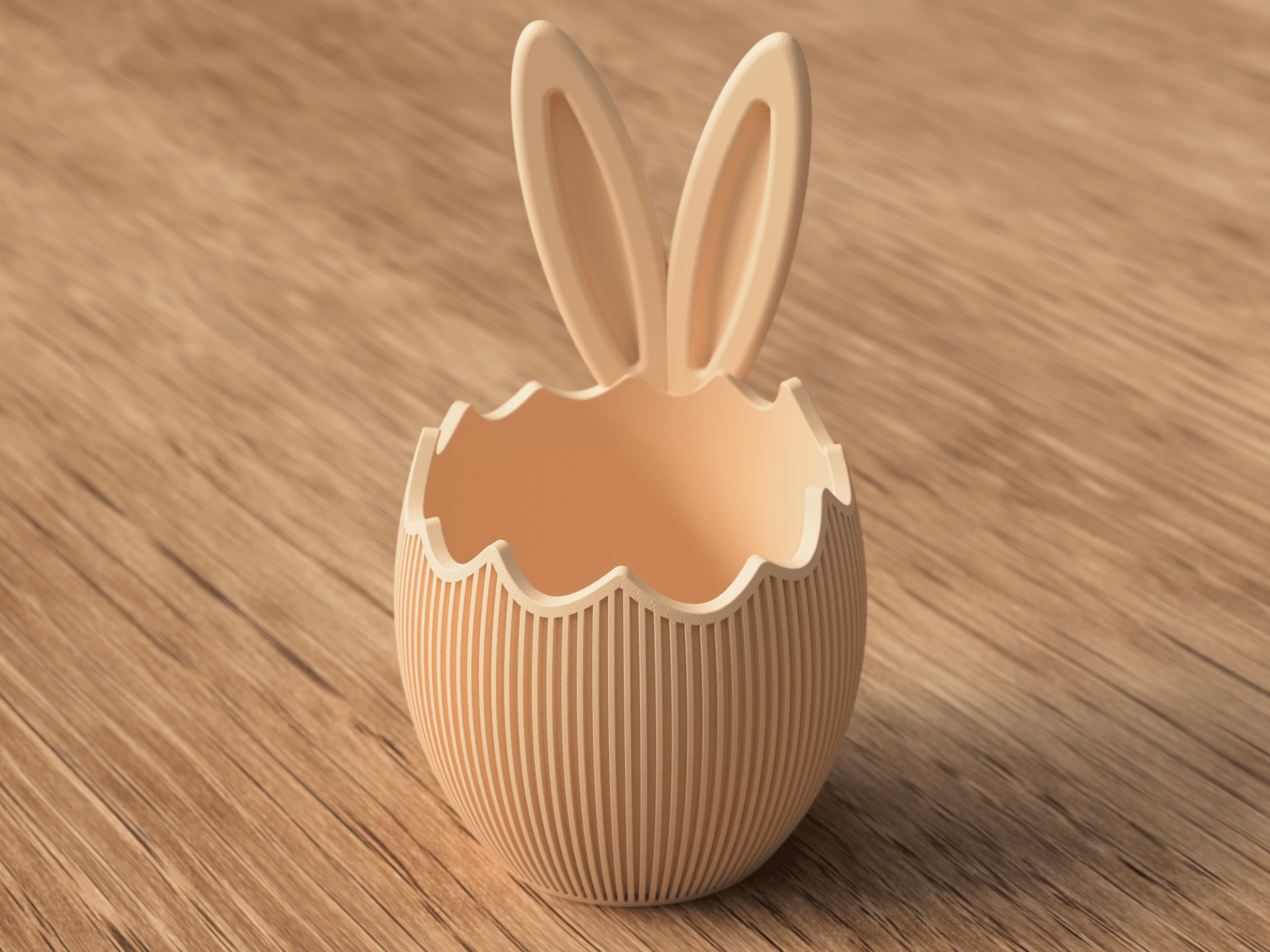 Nærbillede af påskeæg skål med kanin-ører i beige PLA på egetræsoverflade