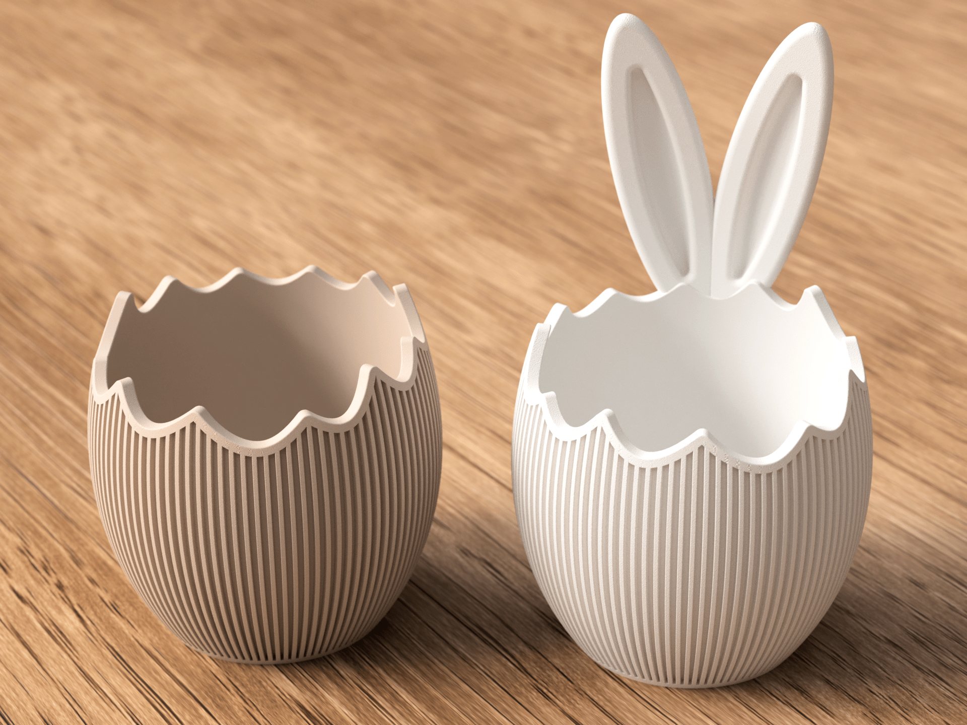 Påskeæg skål i hvid med kanin-ører ved siden af beige udgave uden ører – nordisk påskepynt