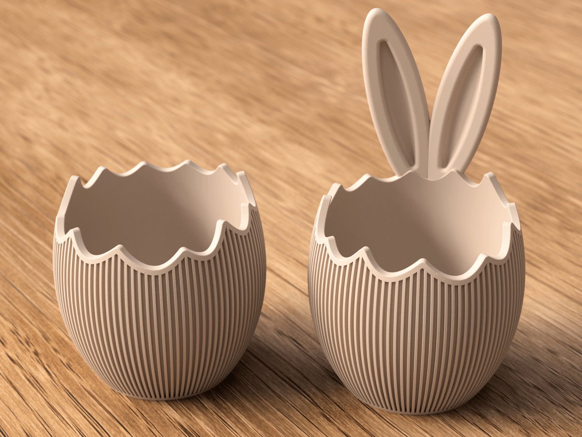 Sæt af to påskeæg skåle i beige PLA – ét uden ører og ét med kanin-ører – på egetræsoverflade