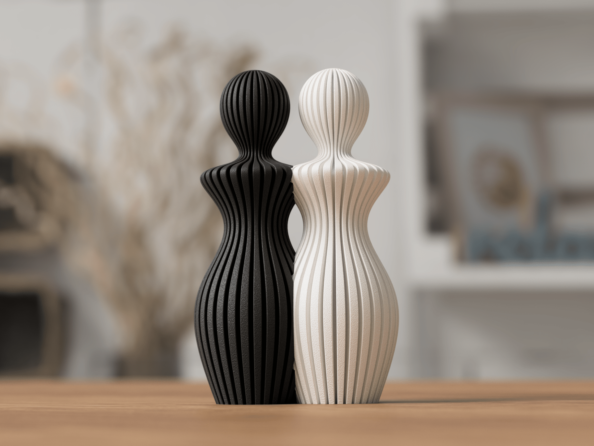 Detalje af par-statuer med to kvinder i ribbet og glat tekstur - minimalistisk PLA skulptur til hjemmet