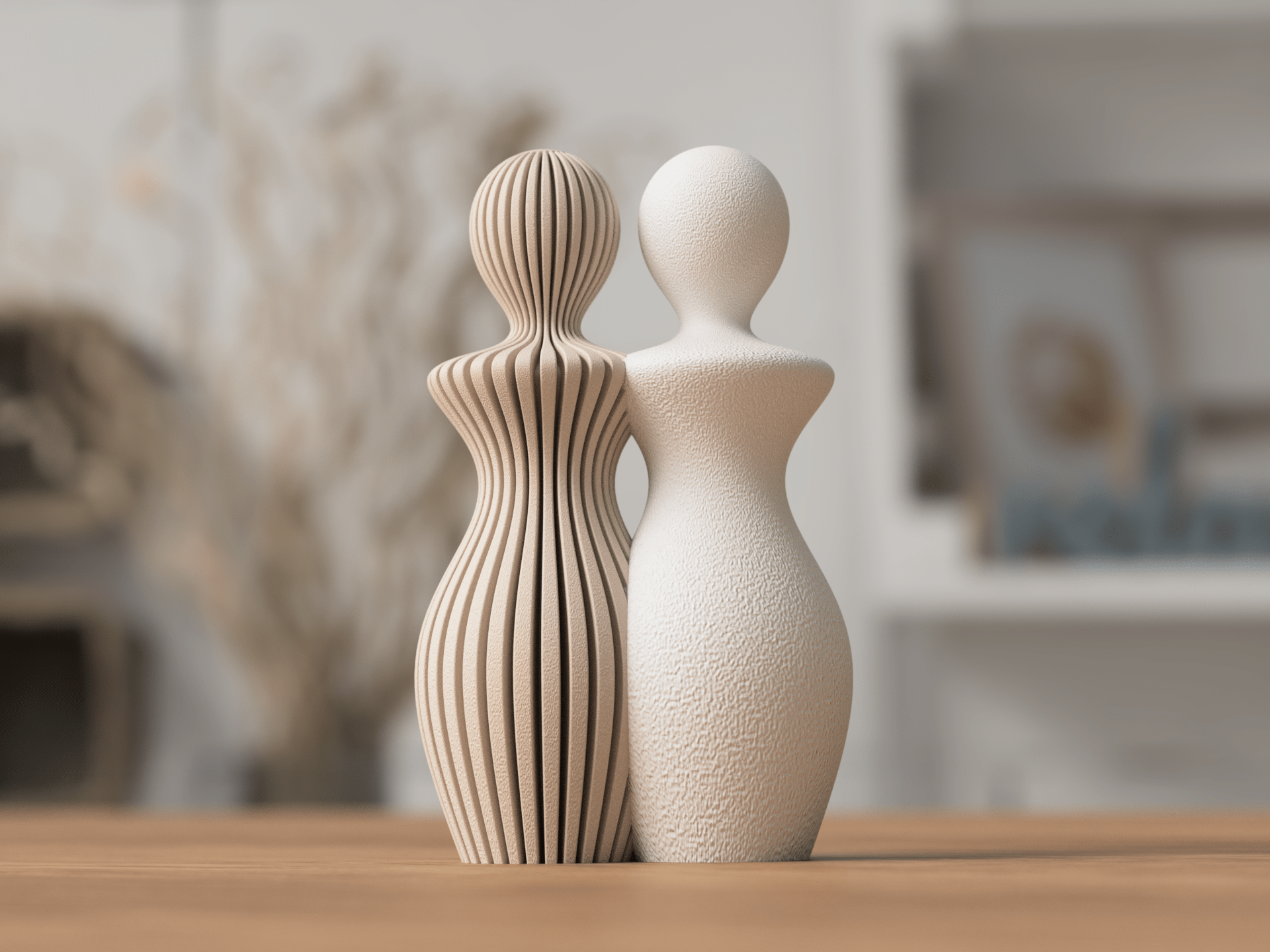 Detalje af par-statuer med to kvinder i ribbet og glat tekstur - minimalistisk PLA skulptur til hjemmet