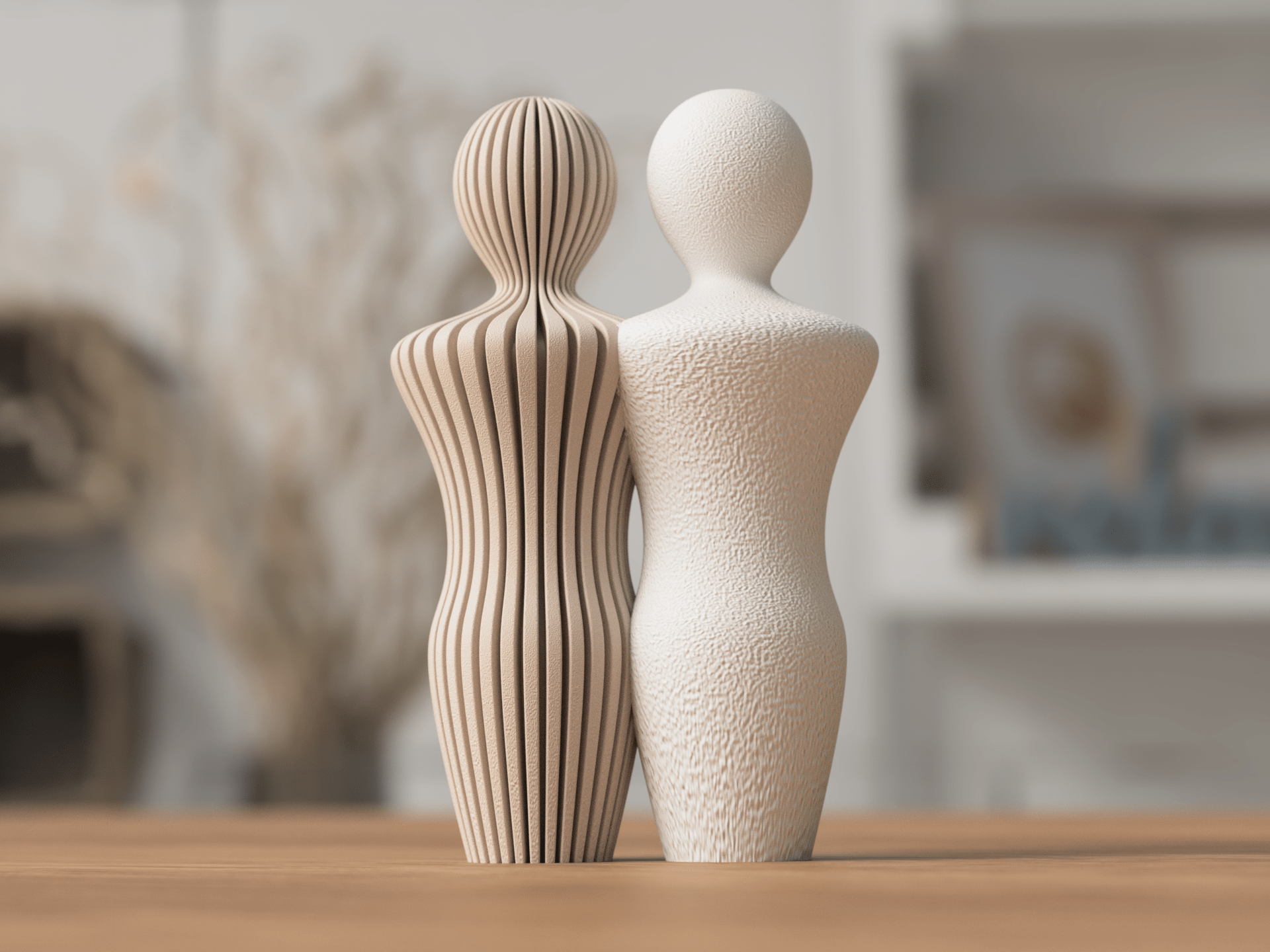 Detalje af par-statuer med to mænd i ribbet og glat tekstur - minimalistisk PLA skulptur til hjemmet