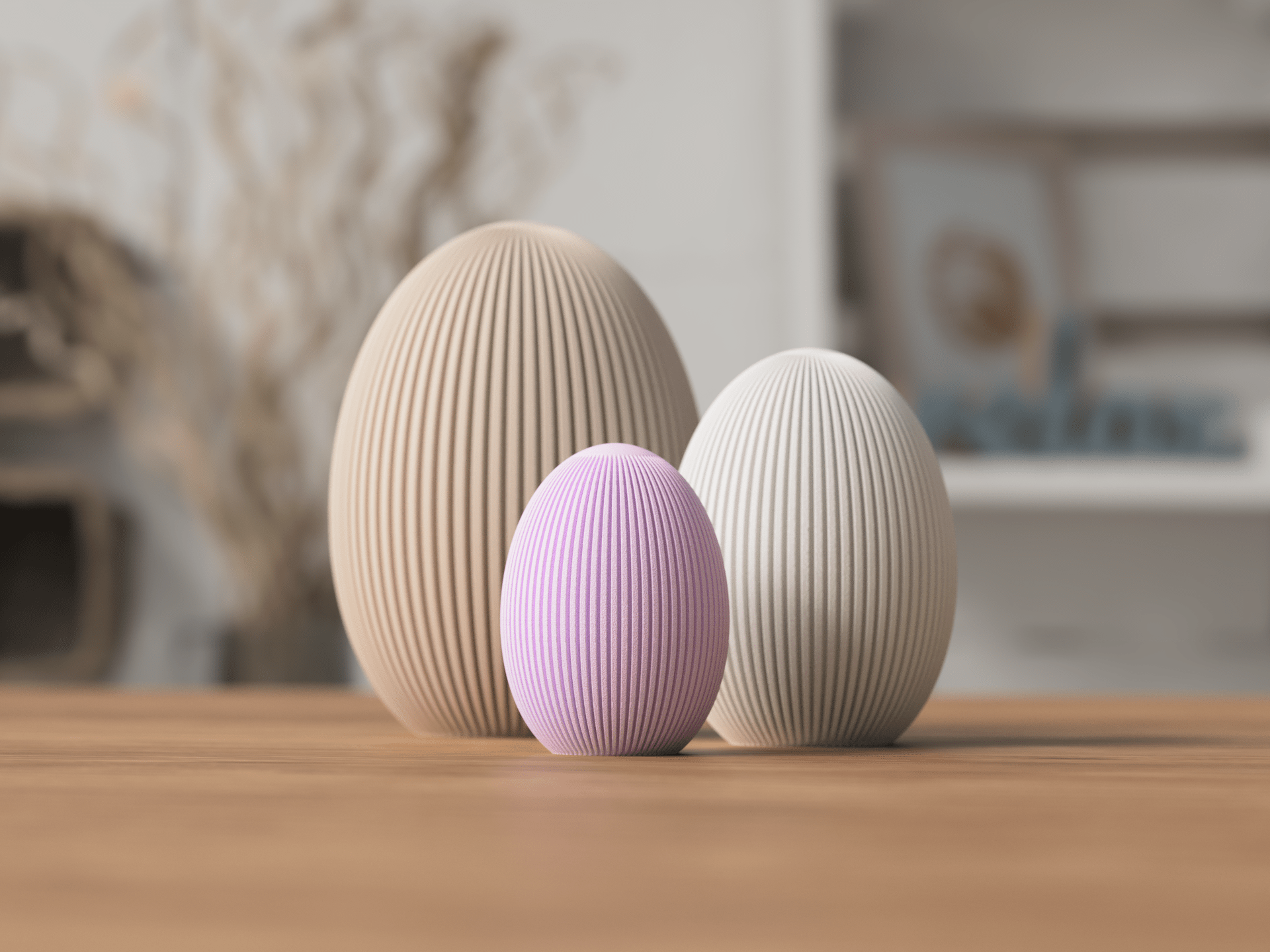 Nordiske ribbede påskeæg i neutrale farver - minimalistisk 3D-printet påskedekor i beige, lilla og hvid