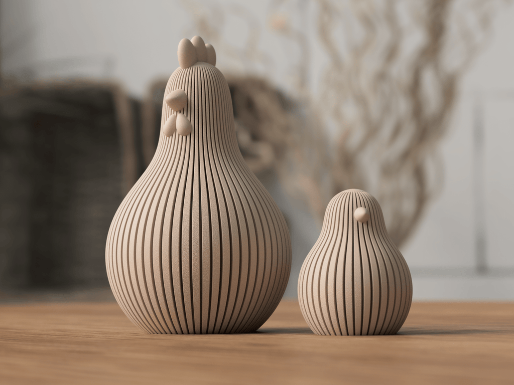 Påskehøns sæt i PLA - moderne høne og kylling i naturlige farvetoner med riflet nordisk design