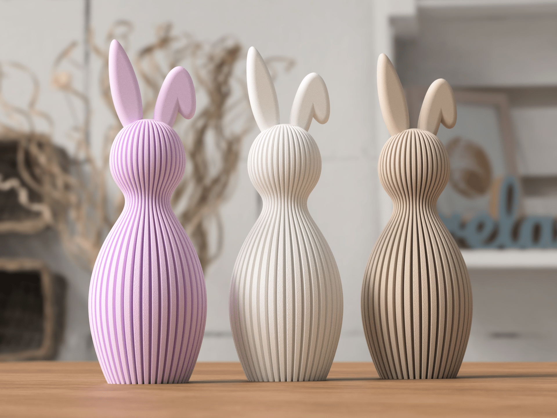 Påskekanin skulptur med foldet øre i tre farver - lyserød, hvid og beige - nordisk minimalistisk design 21,5 cm