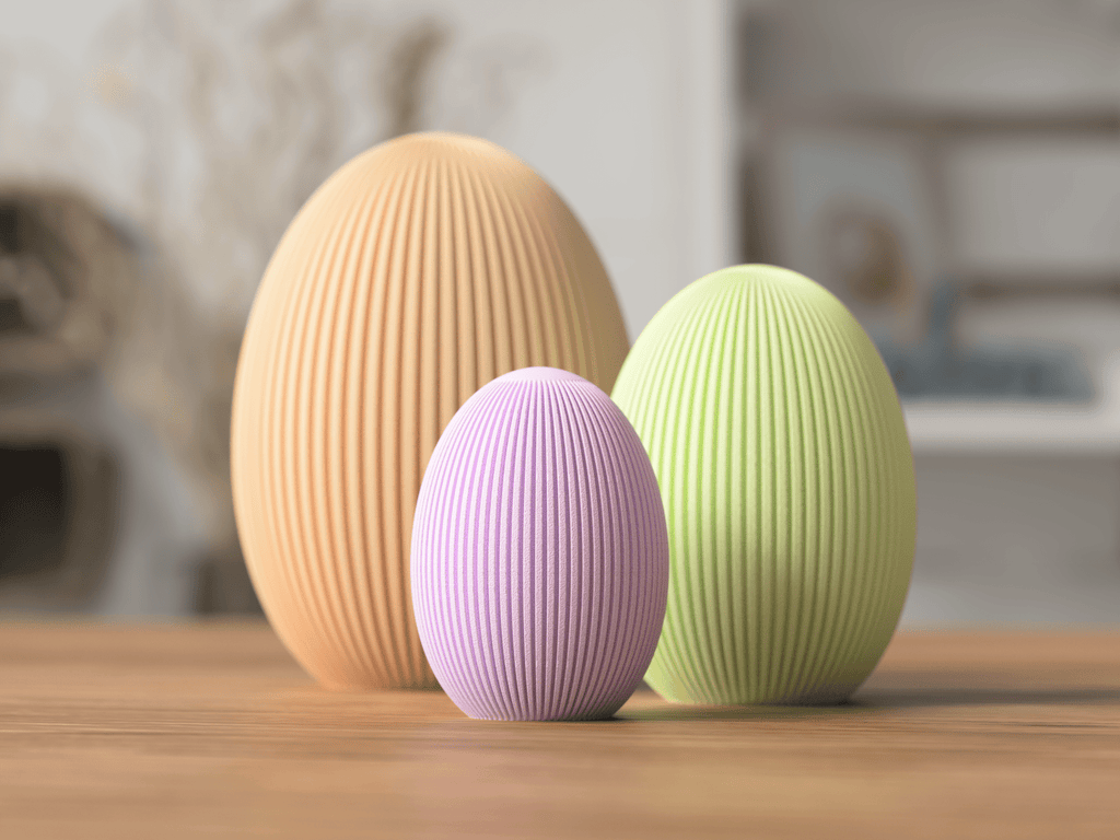 Ribbede påskeæg i 3 størrelser - 3D-printet påskedekoration i beige, lilla og grøn pastelfarver til moderne hjem