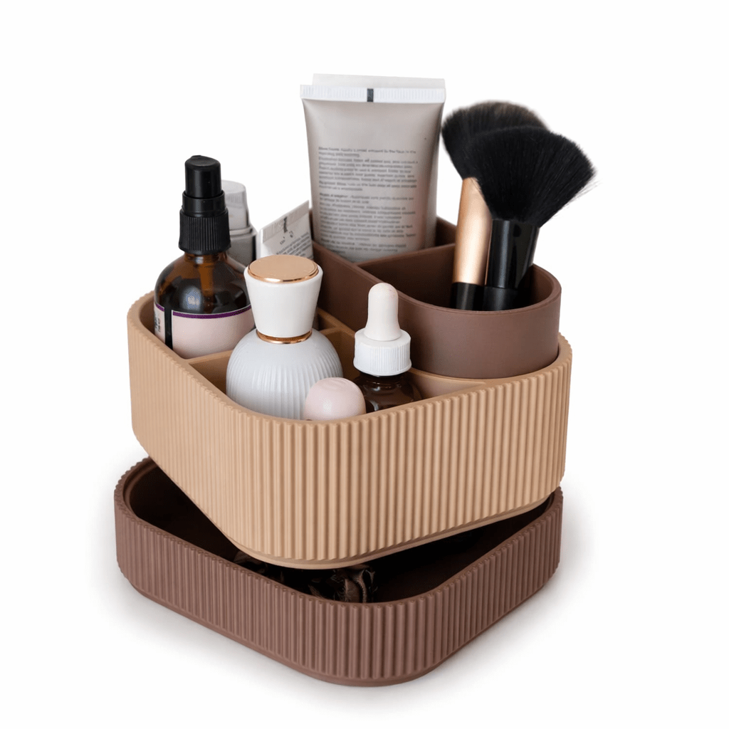 Stacksey organizer i to moduler – rund indsats og rektangulær base i brun og beige PLA