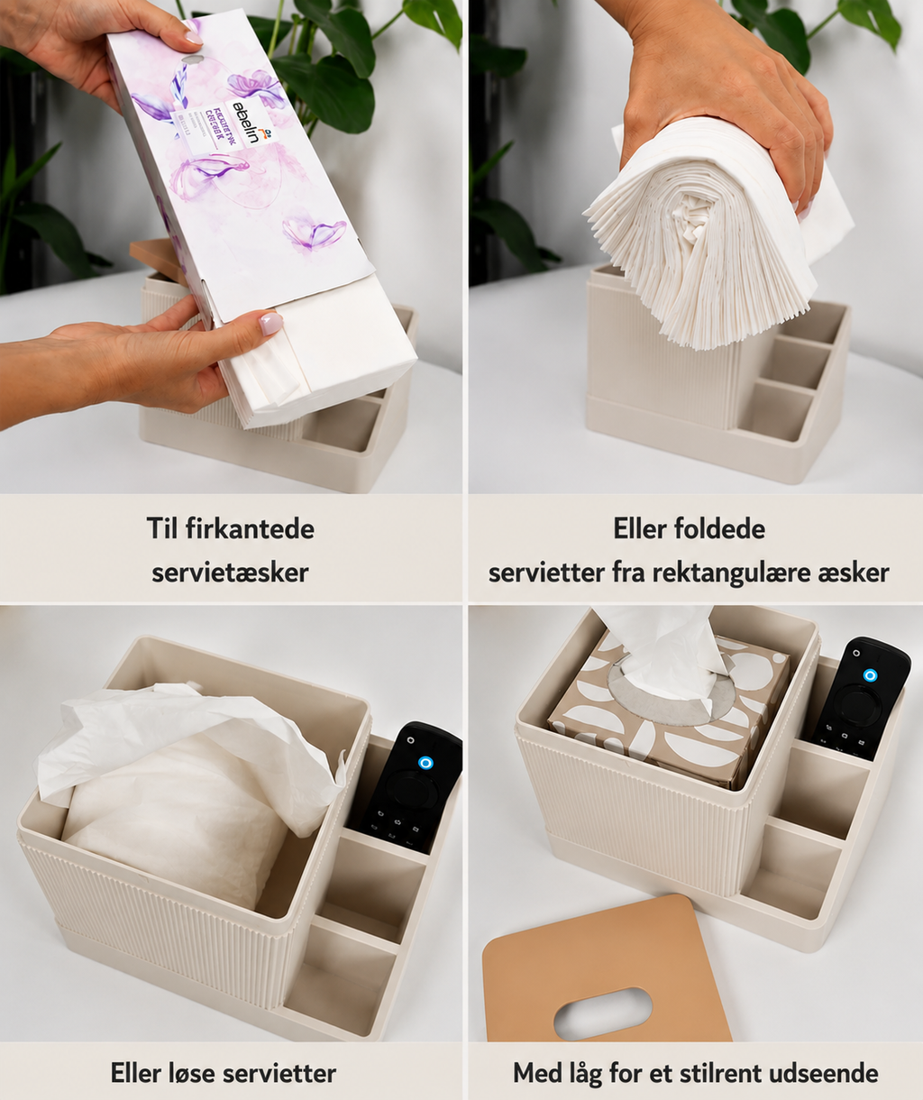 Tavani tissuebox holder stylet på sofabord med tissues og fjernbetjening