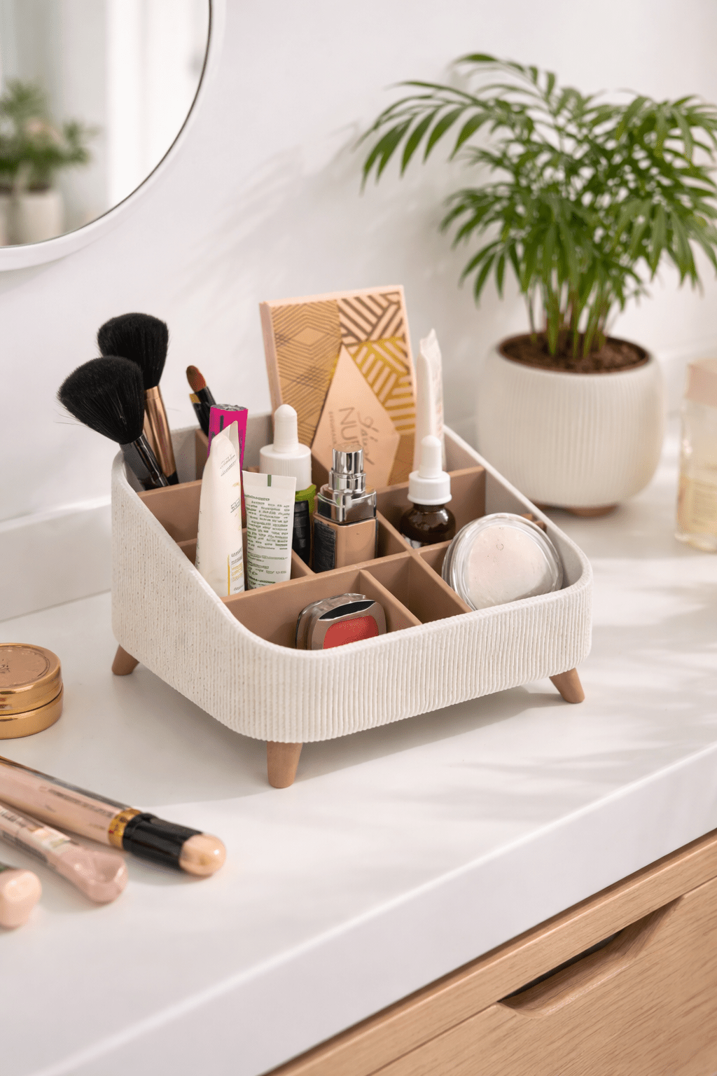 Thalor makeup organizer i hvid og beige PLA med makeup og hudplejeprodukter – nordisk opbevaringsbakke